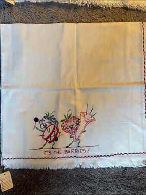 Hand-Embroidered 'It's The Berries' White Cotton Tea Towel